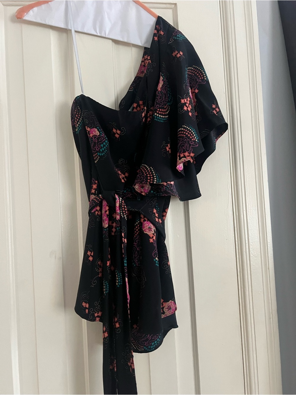 Alice & Trixie Black Floral Print One-Shoulder Romper with Pink Accents